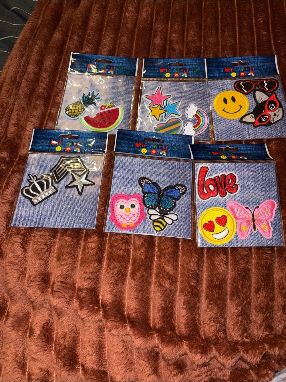 Embroidered Iron-On Patch Set - Colorful Fun Designs (Pink, Yellow, Blue, Black)
